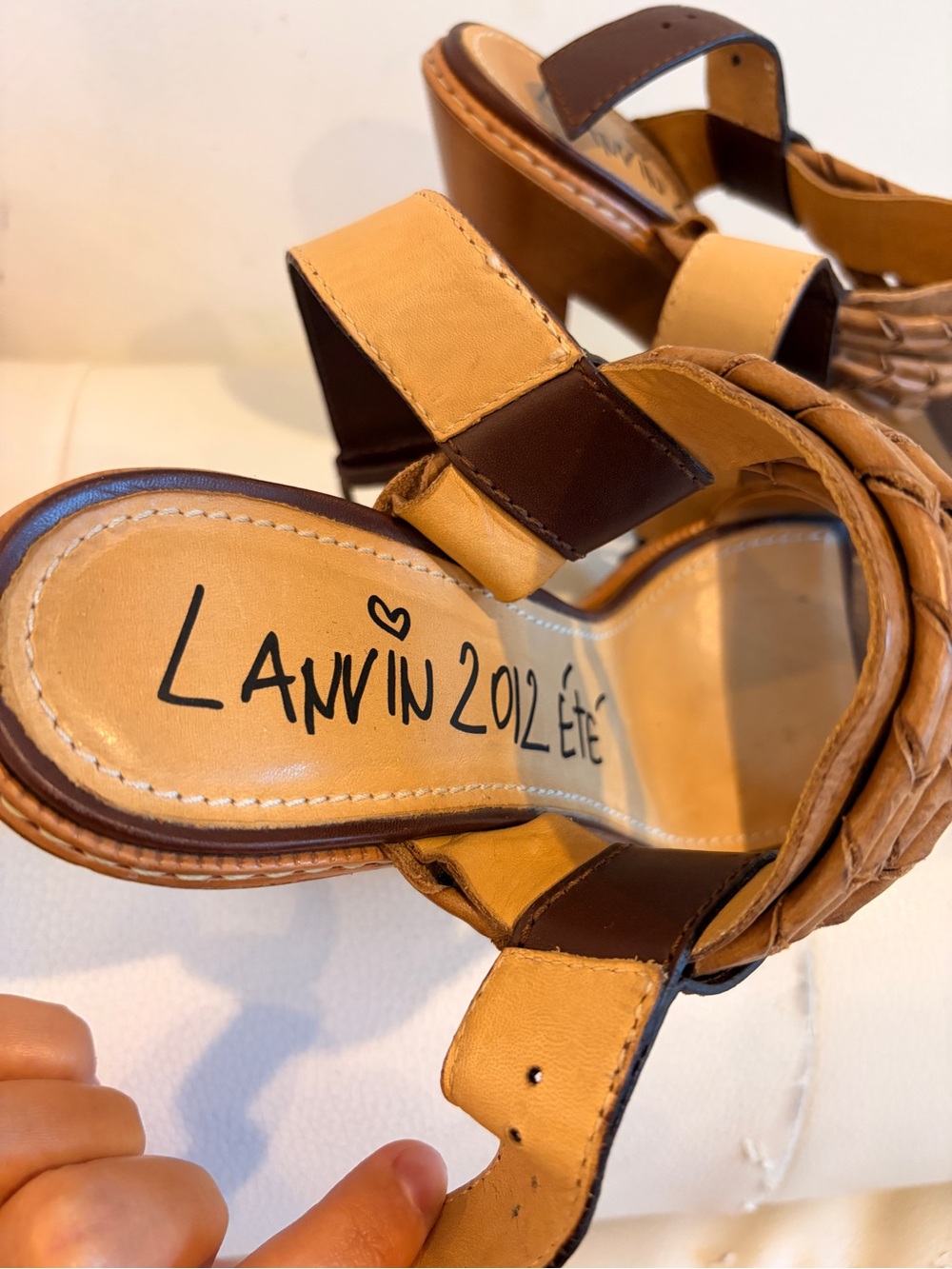 Vintage Lanvin Two-Tone Tan and Brown Woven Leather Block Heel Sandals